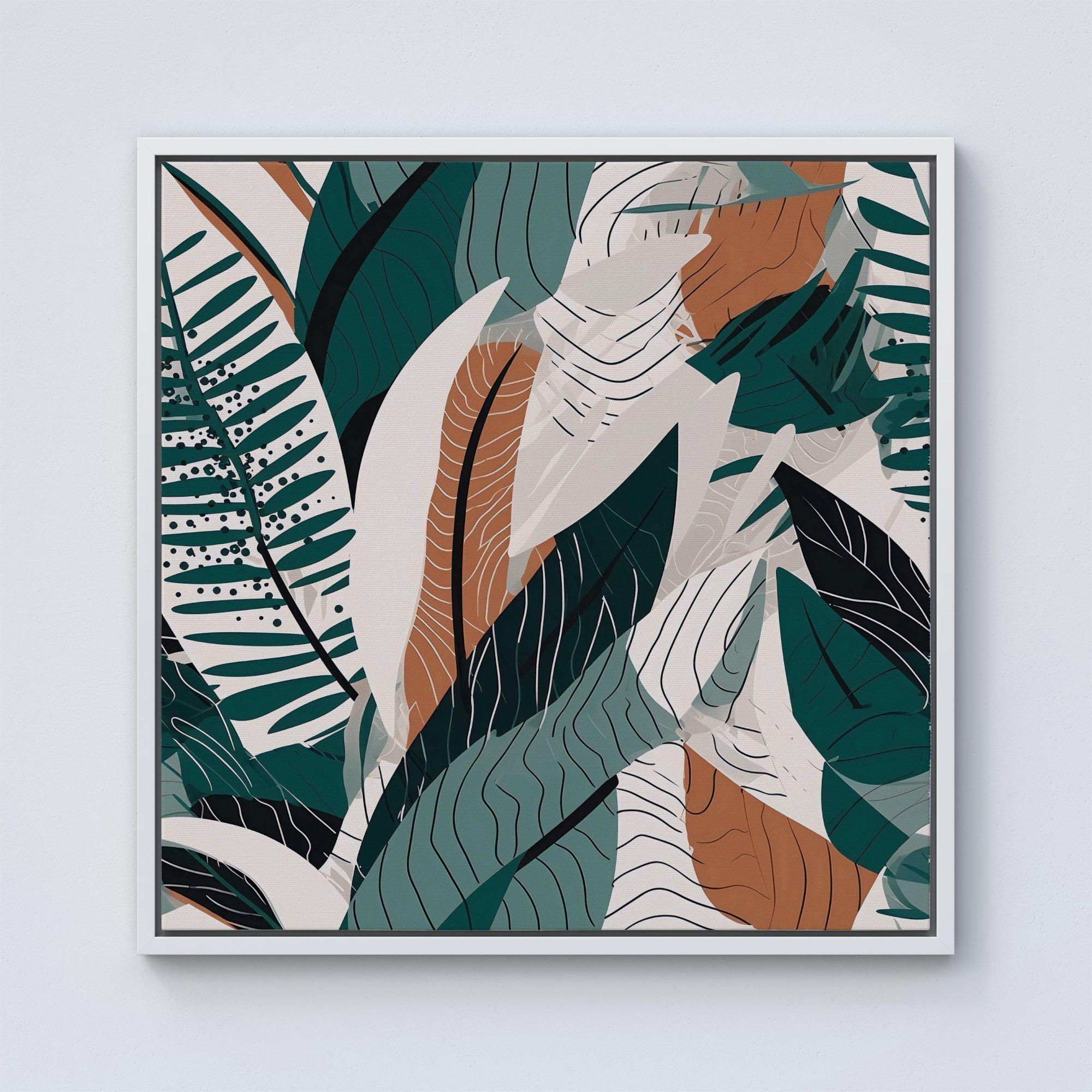 Autumn Tropical Leaves Green Brown Framed Canvas